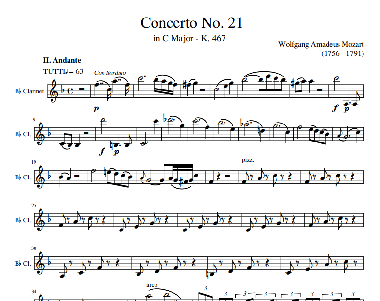 Concerto No. 21 in C Major - K. 467 sheet music for Clarinet